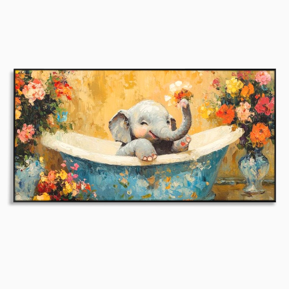 Tablou canvas cu tablou canvas cu pui de elefant in cada, in rama de aluminiu negru
